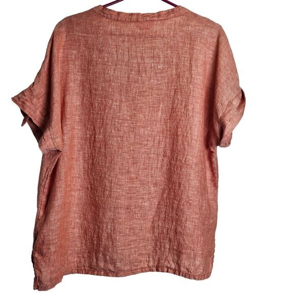 Isaac Mizrahi Linen V-Neck Top Roll Tab Sleeve Lagenlook Boxy Coral Natural L - Picture 2 of 9